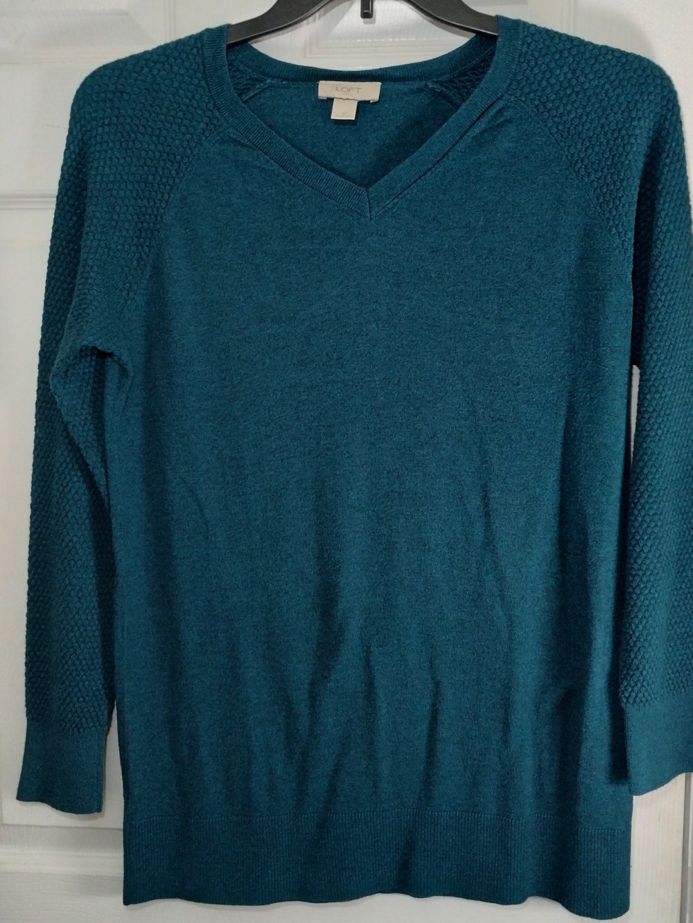 LOFT Teal V-Neck Knit Sweater With Textured Knit Sleeves